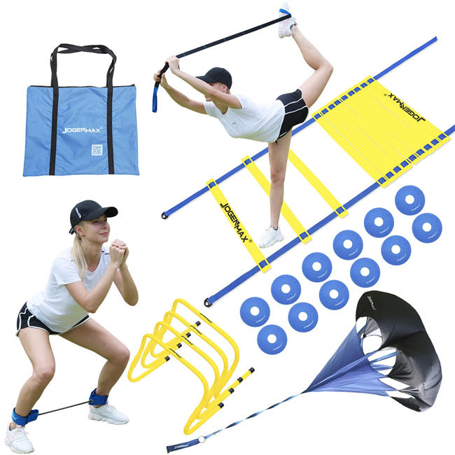 Speed & Agility Training Set - Includes Resistance Parachute, Agility Ladder, 4 Adjustable Hurdles, 12 Disc Cones, Leg Resistance Tube and Stretching